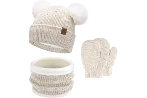 BEQUEMER LADEN Enfants Bébés Hiver Bonnet Gants Tactiles Écharpe Ensemble Bonnet Pompon Moufles Cache-Cou avec Doublure Polaire pour 0-8 Ans Fille Garçon