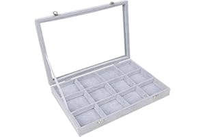 Belle Vous Szary Aksamitny Organizer Pudełko do Biżuterii z 12 Sekcjami i Szklaną Pokrywką - Tacka do Szuflady - Regulowane Przegródki na Pierścionki, Naszyjniki, Bransoletki, Kolczyki i Zegarki