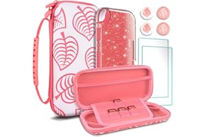 TIKOdirect Carrying Case for Switch lite, Shockproof Portable Travel Bag with Glitter Galaxy case, Screen Protectors and Cute Leaf Thumb Grips Caps, Leaf Pink