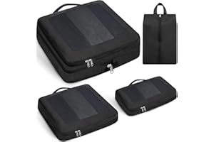 Prezon Kompresyjne kostki do pakowania, ulepszone okienko z siatki, widoczne i przenośne, rozszerzalne organizery bagażu podróżnego, Zestaw 4 sztuk, czarny, L