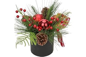 ‎BRIFUL Kunstpflanze Weihnachtsdeko Künstliche Pflanze Gestecke Weihnachtsarrangement im Keramiktopf mit Tannenzweig Kugeln Berries Tannenzapfen, Dekopflanze Zimmerpflanze Tischdeko