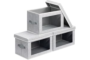 Homsorout 3 Pack Storage Boxes with Lids Foldable Storage Cubes with Transparent Window Fabric Storage Organiser Box for Toys, Clothes, Books, Wardrobe, Closet, Office
