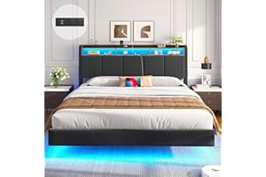 ‎BRINLAWB Brinlawb Polsterbett 180x200 cm Schwebebett mit LED-Beleuchtung, Kopfteil und Ladestation(2 AC-Steckdosen, 2 USB-Anschlüsse), Bett 180x200 mit Stauraum, Modern Doppelbett mit lattenrost, Leinen, Grau