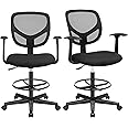 SONGMICS Drafting Stools Chairs with Armrest, Set of 2 Mesh Office Chairs, Ergonomic Painting Chairs with Height Adjustable Footrest, 360° Swivel Task Stool, for Standing Desk, Black OBN25BKUK-2