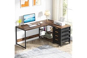 Tribesigns Biurko z 4 szufladami, biurko komputerowe w kształcie litery L z 2 półkami, dwustronne biurko narożne do biura, gabinetu, salonu, 150 x 110 x 75 cm (brązowe)