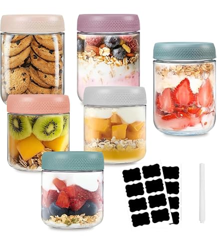 Zuzer 4PCS Overnight Oats Jars 400ml Barattoli Vetro con Coperchio,Barattoli Avena Vetro per Yogurt Budino Insalata Marmellata Miele