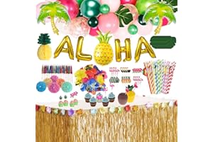 SALADOCY 156 Stück Hawaii Party Dekoration Set, Tischröcke, Hawaii Banner, Künstliche Palmenblätter, Ananas Kuchendeckel und 3D Frucht Strohhalme Genschirm BBQ Tropischen Garten Tiki Sommer Party Dekoration