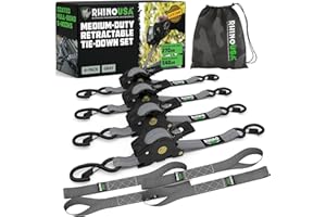 ‎RHINO USA Rhino USA Selbstaufrollende Spanngurte (4er-Pack) - 2.5cm x 3m (540kg Bruchfestigkeit) - Hochleistungs-Automatik-Spanngurte für LKW, Anhänger, Motorrad, Fahrrad & Mehr - Grau