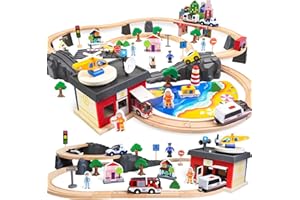 Joellfuner Tren de Juguete Eléctrico, Juego de Tren de Madera, 92 Piezas, Arquitectura Urbana, Bomberos, Comisaría de Policía, Juguetes de TrenS y Kit de Ferrocarril para Niños y Niñas de 3 a 5 Años