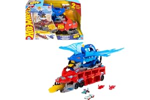 Hot Wheels City leksaksbil trackset, ultimat 2-i-1 draktransportör och 2 gjutna bilar, stor drake och avtagbar drake, med plats för mer än 20 fordon, JKJ79