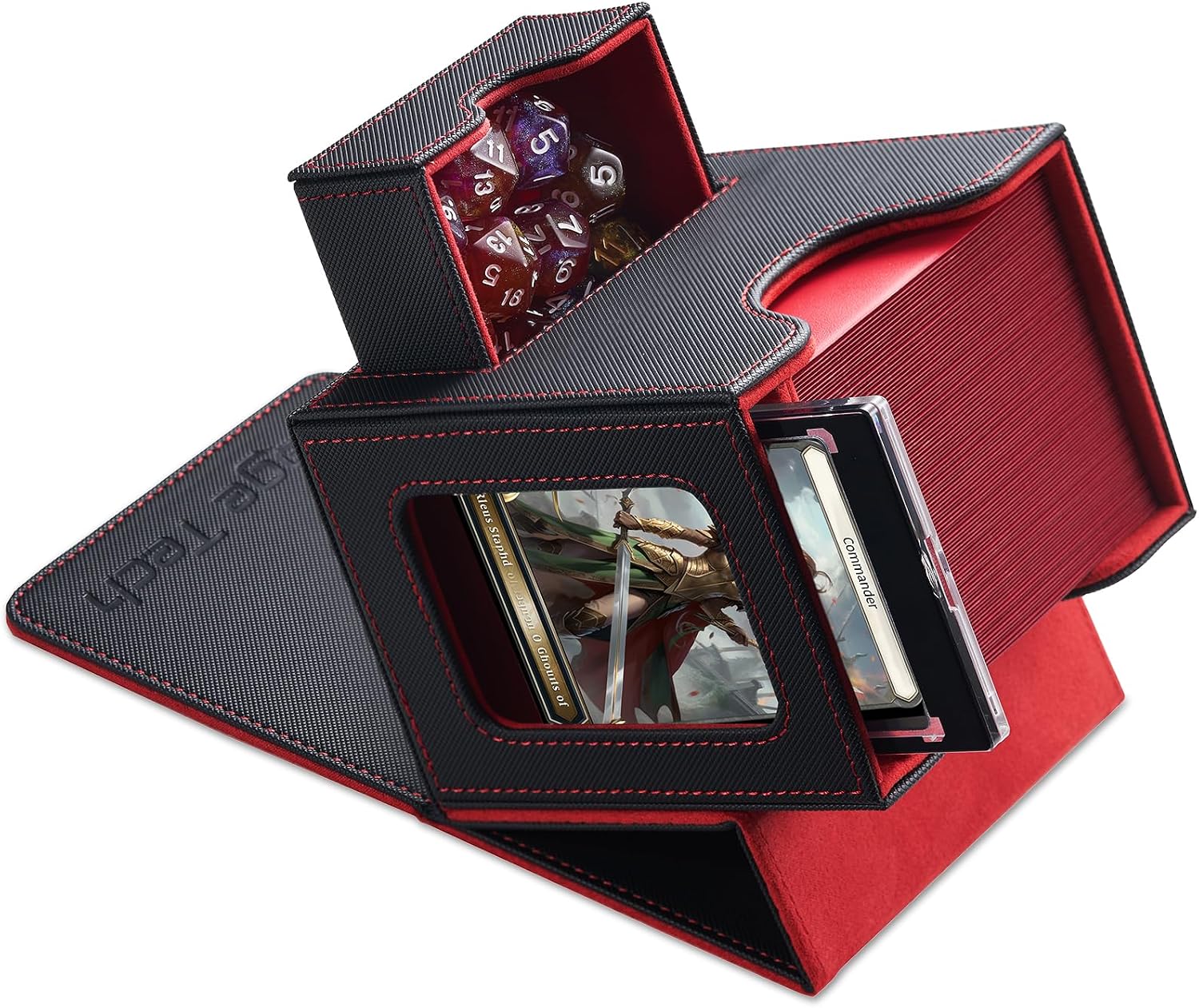 Mage Tech Caja de Mazos Commander para MTG - Diseño Patentado, Exhibición de Commander, Apta para 100 Cartas con Doble Funda, Soporte Magnético de Cartas de 35pt & Bandeja para Dados - Negro/Rojo