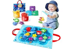 URMYWO Toys for 1 Year Old Boys Girls, Fabric Fishing Game Toys with Stacking Cups, Early Years Learning Colour Sorting, Number Counting, Shape Learning Gifts for Toddler Blue