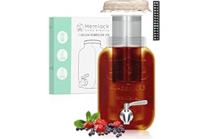 HEMLOCK HOME BREWING 1 Gallone Kombucha Jar mit Schwamm, Continue Kombucha Brewing Kit, Glas Starter Set mit Edelstahl Mesh Filter