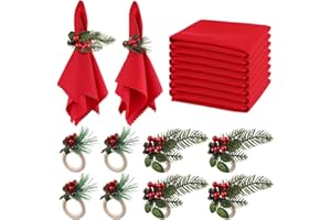 16 Pezzi Set Portatovaglioli Natale, Kalolary 8 Pezzi Fibbie per Tovaglioli Natalizi e 8 Pezzi Tovaglioli Natalizi Lavabili Rossi in Stoffa Portatovaglioli Bacche Rosse Tavola Cena Festività Natalizie