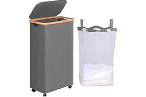 efluky 75L Wäschekorb mit Rollen, Schlanker Wäschekorb mit Deckel, Grau Faltbare Wäschebehälter mit Bambusgriffen und abnehmbarem Beutel für Schlafzimmer, Bad, Waschküche