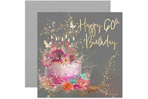OLD ENGLISH COMPANY Special 60th Birthday Card for Women - Sixty Female Birthday Card - Pink Birthday Cake Sparkles and Butterflies Card - For Sister, Mum, Friend, Aunt | Blank Inside