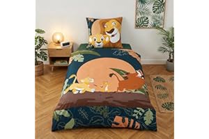 Aymax Parure de Lit Roi Lion avec Simba, Timon et Pumba, Polycoton, Housse de Couette 140x200 cm + Taie d'oreiller 65x65 cm