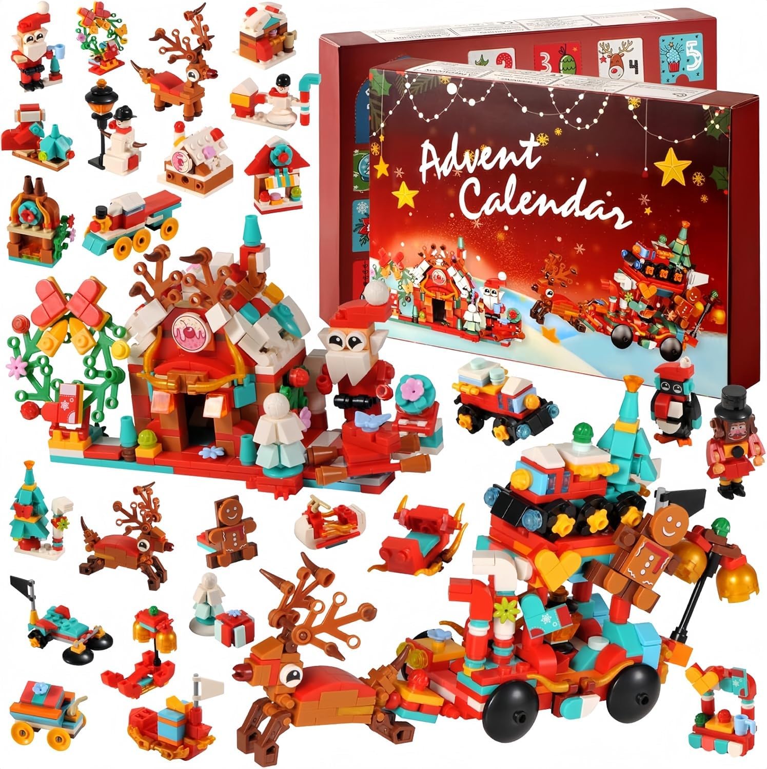 KAHEIGN Calendario de Adviento 2025, Cuenta Regresiva de Navidad de 24 Días con 895 Piezas 12 En 1 Trineo de Papá Noel Casa de Postres Bloques de Construcción para Navideños Regalos Fiesta Decoración