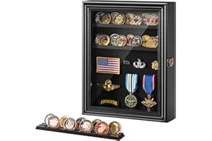 Torolle Espositore per Monete da Sfida, Armadietto da Collezione per 60 Militari/Medaglie/Distintivi in Legno Naturale Montaggio a Parete, con Serratura, 4 Ripiani Regolabili e Porta in Vetro- Nero