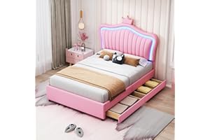 Moimhear Cama Infantil tapizada, Estructura de Cama Individual para niña Crown de Piel sintética con cajones de almacenaje, Luces LED(90x200cm, Rosa, con cajones)