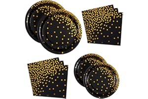 ANECO 98 Pieces Black with Gold Foil Dots Party Supplies Party Tableware Paper Plates and Napkins for Graduation, Birthday, Party for 24 Guests