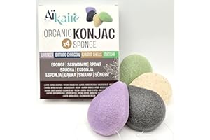 LES PAPOTEUSES Spugne per il viso di Konjac organiche associate a tè verde, carbone attivo, lavanda e gusci di noce | Set di 4 spugne a forma di gocce | Spugna doccia vegetale detergente naturale