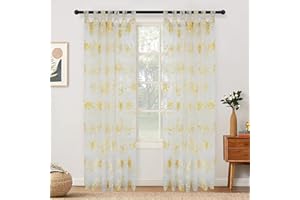 BUHUA Curtains, Flowers, Transparent Curtain with Loops and Ruffle Tape, Semi-Transparent Curtains Pattern for Living Room, Kitchen, Yellow, 225 x 140 cm, Set of 2