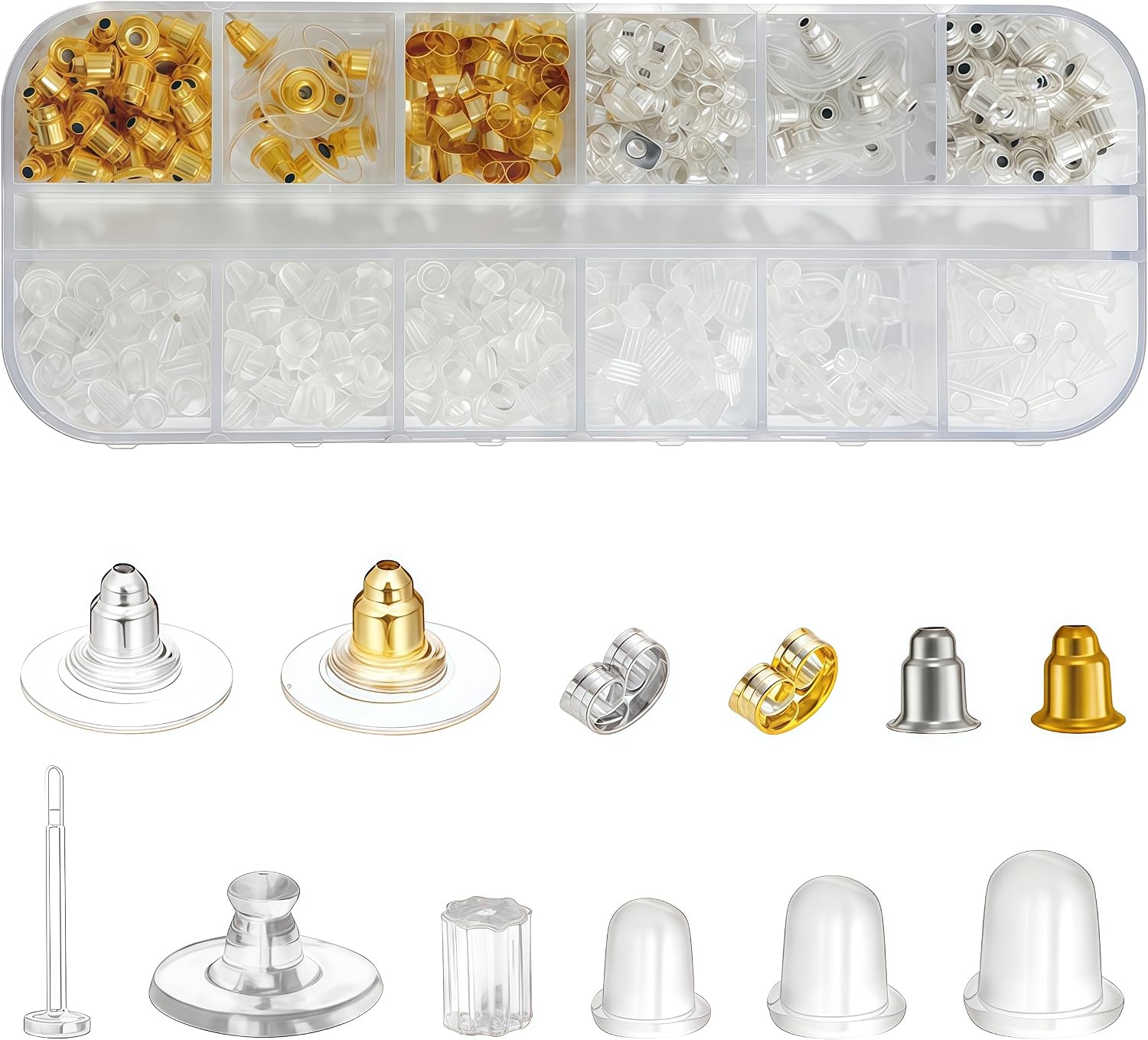QEAS 600 Piezas Tuercas de Pendientes, 12 Estilos Metal Goma Plástico Cierres de Pendientes Forma de Bala Estilo de Mariposa, Tuercas Pendientes para Colgantes Manualidad Fabricación de Joyas