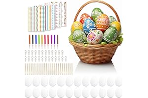 TEL CHARME * Plastik Ostereier Bemalen Kinder, 25 Stück Ostereier Deko zum Aufhängen, Ostereier Plastik weiß, Bunte Ostereier Basteln Weiß mit 10 Color Stiften, 25 Aufhängern, 25 Bändern und 5 aufkleber