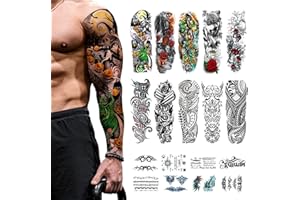 18 Fogli Tatuaggi Temporanei Uomo, CAYUDEN 10 pcs Adesivi Per Tatuaggi Braccio Intero + 8 pcs Mezzo Braccio Kit Manica Tatuaggio Rose Uomini Donne Tatuaggi Gambe Trucco Feste Temporanei