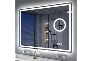S'bagno Espejo Baño Bluetooth con Luz 100x70cm, IP44, LED con Lupa 5X y Antivaho, 3000K-6500K, Regulable, Memoria, Cristal Templado HD, Espejo de Baño con Luz Led Horizontal/Vertical