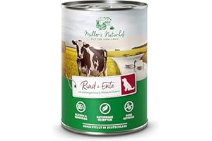 Müllers Naturhof - Rind und Ente - 6 x 400 g - Nassfutter für alle Hunderassen - getreidefrei und glutenfrei - mit Gartengemüse und Wiesenkräutern - naturnahe Rezeptur mit 65% Fleisch