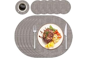 Purejoy Round Placemats and Coaster Sets 6, Christmas Table Mats PU Leather Heat-Resistant Washable and Non-Slip, ø35 cm Dinner Table Mats Set of 6 for Kitchen Mat Table Indoor (Light Grey)