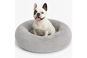 SEOUGEE Calming Donut Dog Bed, Fluffy Plush Round Cat Bed, Cosy Soft Washable Cushion Warming Pet Beds with Non-Slip Bottom, Indoor Sleeping Cuddler Nest for Small Dogs Cats (Grey 50cm)