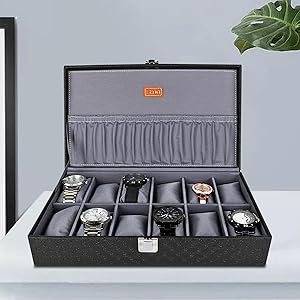 LEDO Men's and Women's Watch Box Organizer Case In 12 Slots of watches In Black color with Gray Velvet