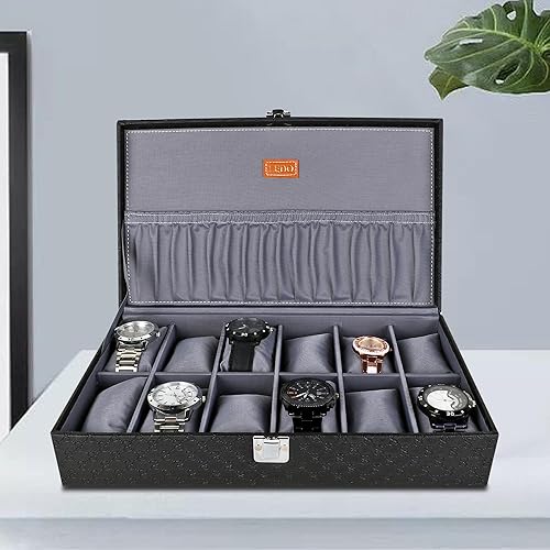 LEDO Men\'s and Women\'s Watch Box Organizer Case In 12 Slots of watches In Black color with Gray Velvet