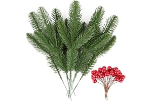 FLOFIA 20 Stück Künstliche Tannenzweige ca.27cm mit 100 Stück Künstliche Beeren Deko 10mm Weihnachten Dekoration