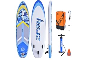 Zray - Stand Up Paddle Gonflable - Planche Sup Rigide - Technologie Droptitch Double Couche - 4 Anneaux d'attache - Accessoires Pompe, Pagaie, Ailerons, Valise de Transport et Leash - Camo Bleu