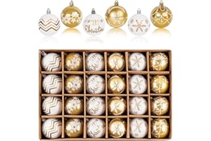 estcoo 24 Boules de Noel Or et Blanche,6cm Incassable Boules de Noël en Plastique pour Sapin de Noël Ornements de Noël en 6 Motifs Décoration d'arbre à Suspendre Déco de Noël Intérieure ou Extérieure