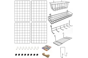 ODOXIA Juego de 4 Paneles de Rejilla Decoracion Pared con Accesorios | Incluye Cestas para Colgar, Ordenador de Cartas, Estante y Percheros | Decoración para Colgar en Casa, Oficina y Cocina