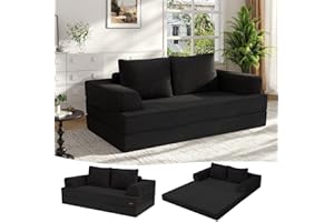 MeMoreCool Convertible Sofa Bed, Folding Floor Boneless Couch with Corduroy Cover, Fold Out Sleeper Mattress with Pillows, Comfy Foam Lounge Loveseat for Living Room Bedroom Guest Room, Black