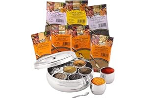 OFFER SHOP Essential Indian Spice Gift Set Spices for Cooking | Authentic Collection Spice Gift | 7 Spices & Belly Dabba with Transparent Lid | Masala Dabba with 7 Compartments
