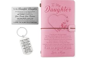 PRSTENLY Daughter Gifts, Pink Leather Journal+Wallet Card+Key Ring Proud of You Gifts for Daughter on Birthday Graduation Christmas Wedding Day from Mum, 16th 18th Encourage Birthday Gifts for Girls