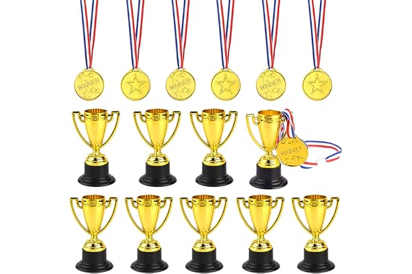 FEPITO 30 st troféer medaljer set 10 st guld plast trofé och 20 st vinnare medaljer för barn party sport utmärkelser