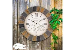 Homezone® Modern Round Shape Slate Effect Wall Clock - Power Operated Waterproof and Weatherproof Large Garden Clock - Indoor or Outdoor Decorative Ornament Clock for Living Room, Home Decor (35cm)