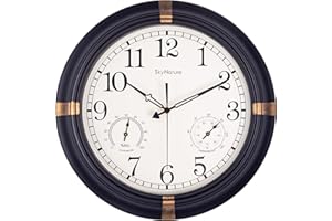‎SKYNATURE Gartenuhr Outdoor, Große Vintage Retro Wetterfest Wanduhr mit Thermometer und Hygrometer, Leise Ohne TickgeräUsche, Wasserdicht Metall Wanduhrfür Zaun, Terrasse, Pool - 45cm, Schwarze Brozne