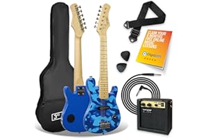 3rd Avenue 1/4 Size Kids Electric Guitar Pack for Junior Beginners - 6 Months FREE Lessons, 5W Portable Amp, Cable, Bag, Picks and Strap - Blue Camo