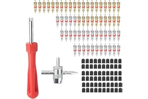 QHSXMQ Tyre Valve Core Removal Tool Set, Tyre Valve Removal Tool, Tyre Valve Repair Kit - Single Head Valve Core Remover | 4-Way Valve Tool | 60 Valve Cores | 60 Tire Valve Caps | Fit for Car Bicycle Auto