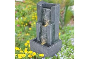 AMUR 3-stufige STEIN-KASKADE Gartenbrunnen mit LED-Licht 230V Wasserfall Wasserspiel für Garten, Gartenteich, Terrasse, Teich, Balkon Sehr Dekorativ