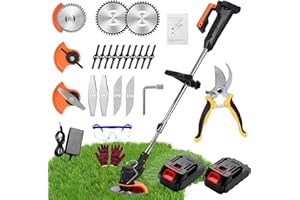 Gompuy Cordless String Trimmer, Lithium Battery Garden Grass Trimmer, Suitable for Lawn Garden Pruning. Telescopic Rod and Adjustable Machine Head Includes 2 Batteries